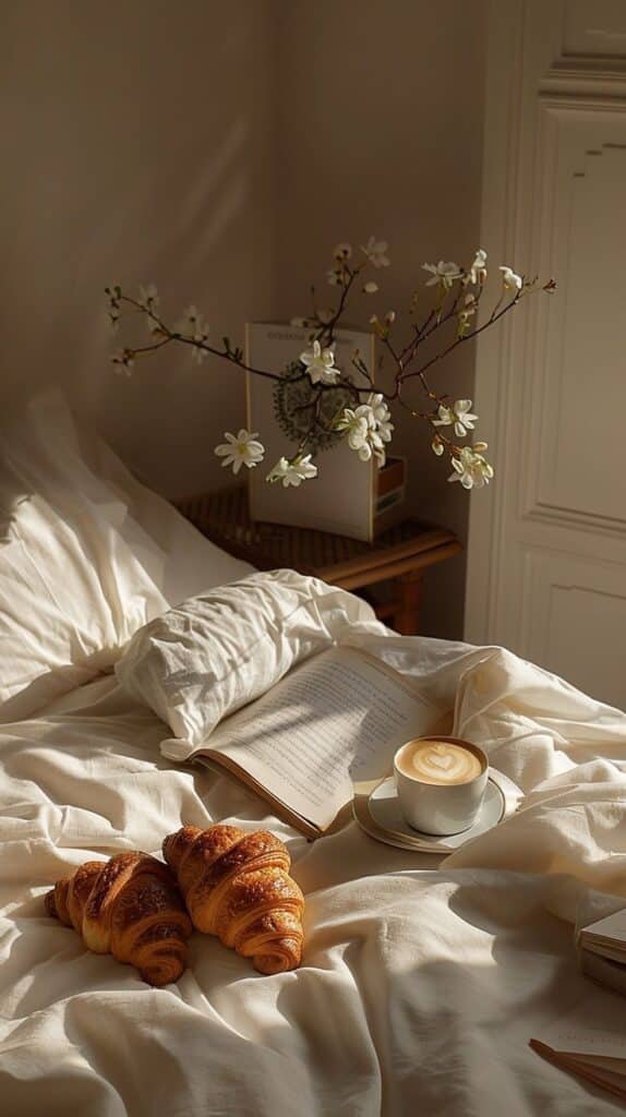 Cozy morning in bed with croissants, coffee, and an open book. Blossoms in a vase add a touch of spring elegance.