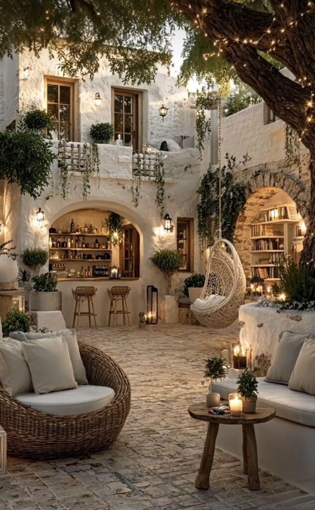Cozy Mediterranean courtyard with rustic decor, hanging lights, comfy seating, lush greenery, and ambient bar area for relaxation.