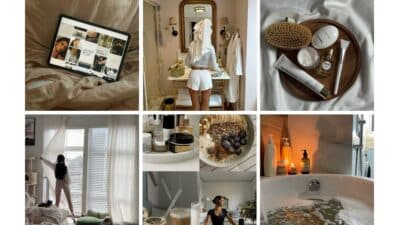 Cozy lifestyle collage: tablet browsing, skincare, relaxing bath, breakfast bowl, and home décor, reflecting a soothing morning routine.