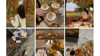 Cozy autumn vibes: hot drinks, walks, fallen leaves, picnics, and movie nights with cinnamon rolls and tea. Perfect fall moments!