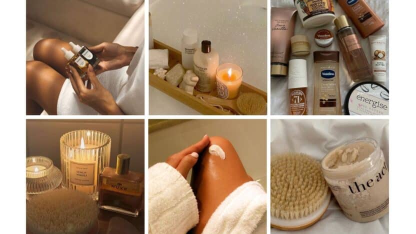 Skincare and wellness collage: serums, lotions, candles, and a bath setup for self-care and relaxation.