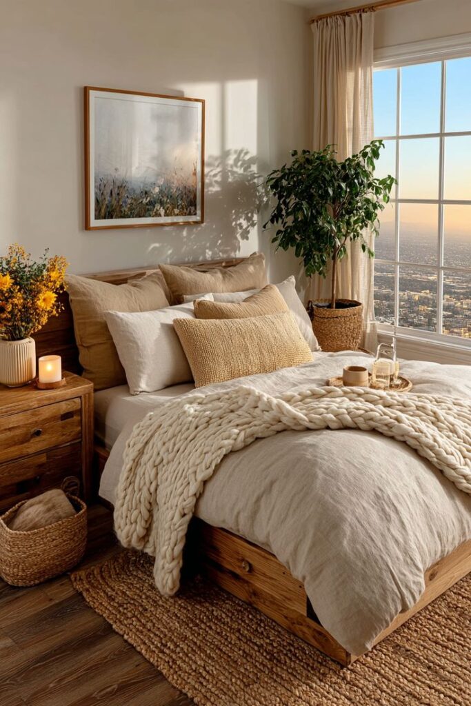 Cozy bedroom with earthy tones, layered bedding, natural light, and city view through large window. Warm, inviting decor.