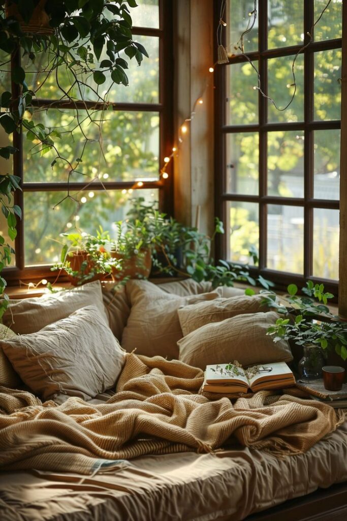 Cozy sunlit nook with cushions, plants, and string lights, perfect for relaxation and reading amidst greenery.