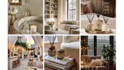 Collage showcasing cozy interiors and elegant diffusers, creating a serene, inviting atmosphere with candles and plush furnishings.
