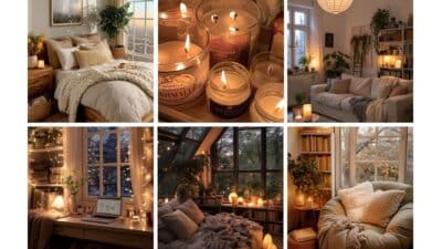 Cozy home interiors with candles, plants, bedrooms, and living areas. Warm, inviting atmosphere with soft lighting and comfy seating.