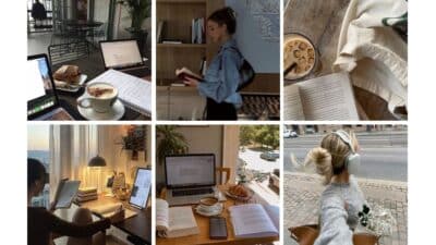 Collage of cozy study and reading scenes, featuring laptops, books, coffee, and a city walk with headphones and flowers.
