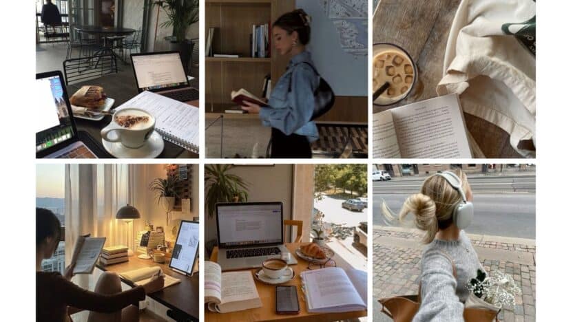 Collage of cozy study and reading scenes, featuring laptops, books, coffee, and a city walk with headphones and flowers.