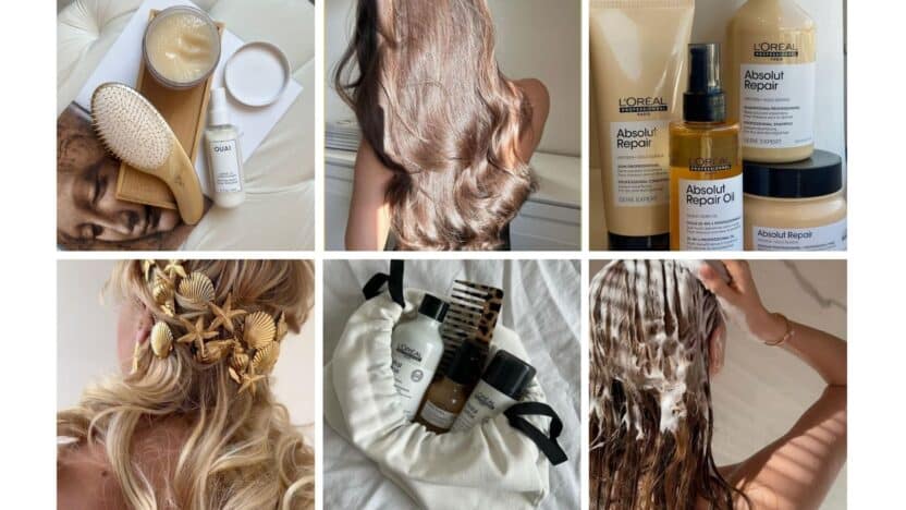 Collage of hair care products, styled hair, and accessories. Includes L'Oreal Absolut Repair collection and gold seashell hairpins.
