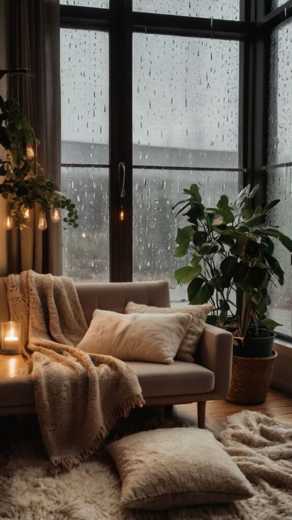 Cozy living room with soft cushions, blankets, plants by a rainy window, and warm lighting, creating a serene and inviting atmosphere.