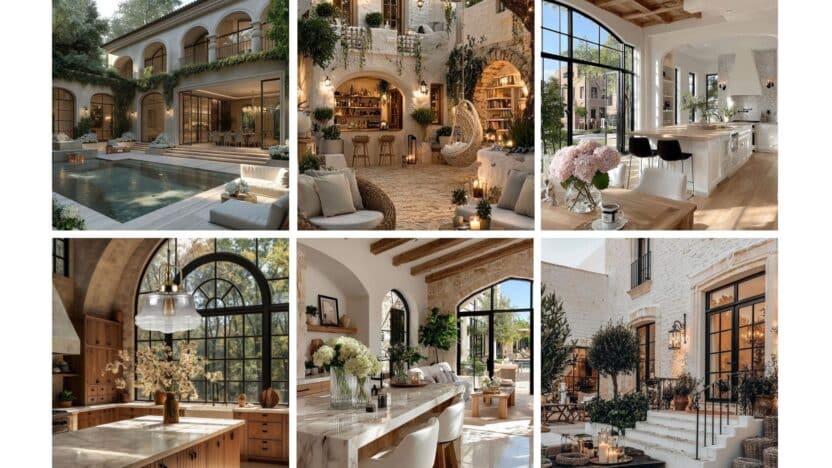 Spanish-style luxury villa with pool, rustic interiors, arched windows, and elegant kitchen and garden spaces.