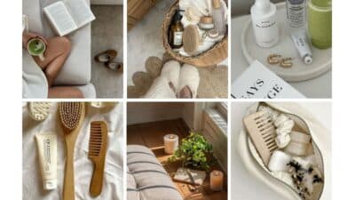 Cozy lifestyle collage: reading, skincare, wellness products, candles, and plants create a relaxing, self-care atmosphere.