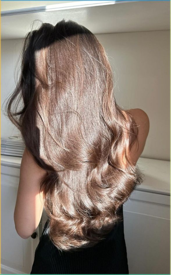 Shiny, flowing brown hair cascading over a woman's back, illuminated by natural sunlight.