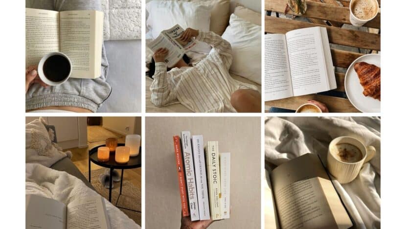 Cozy reading moments with open books, coffee, and a croissant. Includes stacked books and candles for a relaxing ambiance.