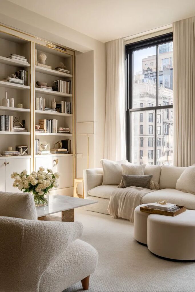 Elegant living room with cozy white sofa, large window, built-in bookshelf, and floral decor. Bright, modern, and inviting space.