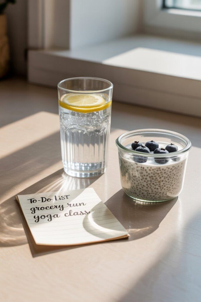 Glass of lemon water, chia pudding with blueberries, and a to-do list on a sunlit table. Perfect healthy morning setup.