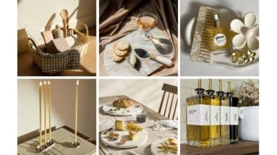 Collage of lifestyle products: basket with goods, gourmet treats, beauty items, candles, dining setup, and oils on a shelf.