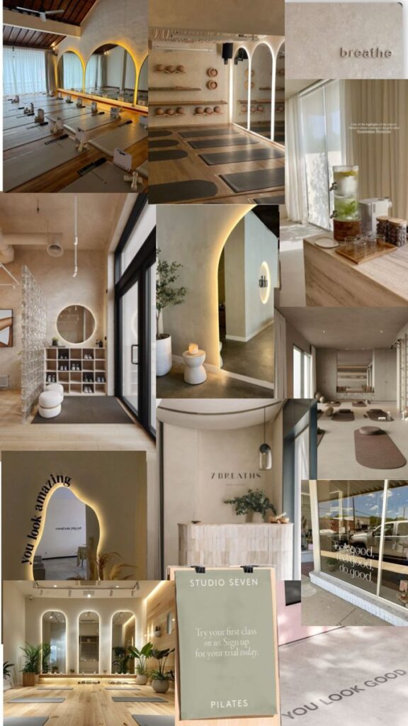 Modern Pilates studio with serene interiors, yoga mats, motivational quotes, and greenery for a calming workout experience.