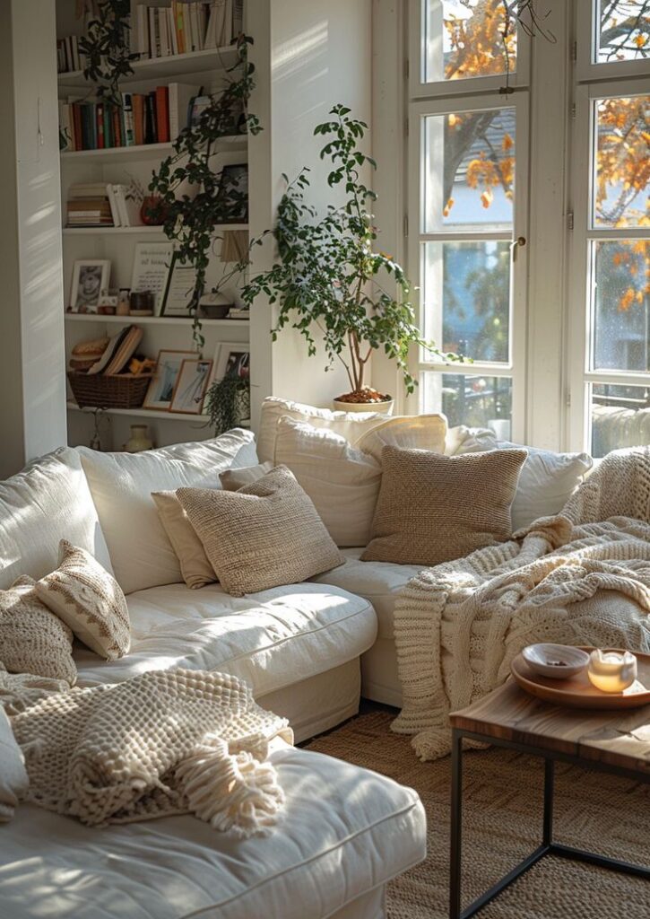 Cozy living room with a white sofa, knitted blankets, and pillows, near a window with plants and autumn scenery outside.