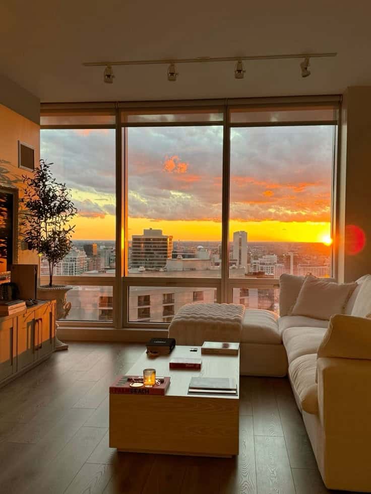 Cozy living room with a stunning city sunset view through large windows, featuring a white sofa and a wooden coffee table.