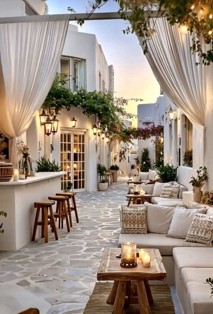 Charming Mediterranean alley with cozy seating, warm lighting, and lush greenery, perfect for a relaxed evening ambiance.