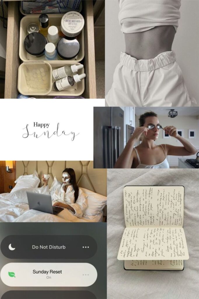 Sunday wellness routine: skincare, leisure, and relaxation vibes. Aesthetic Sunday reset with self-care and journaling essentials.