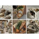Collage of stylish lifestyle elements: coffee, pastries, fashion accessories, home decor, and beauty products for an elegant vibe.