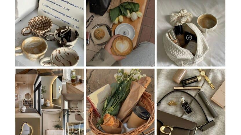 Collage of stylish lifestyle elements: coffee, pastries, fashion accessories, home decor, and beauty products for an elegant vibe.