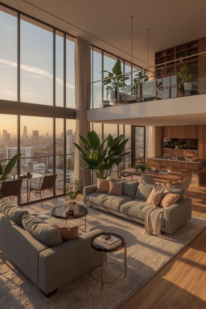 Luxurious modern living room with floor-to-ceiling windows, city views, stylish sofas, plants, and elegant decor at sunset.