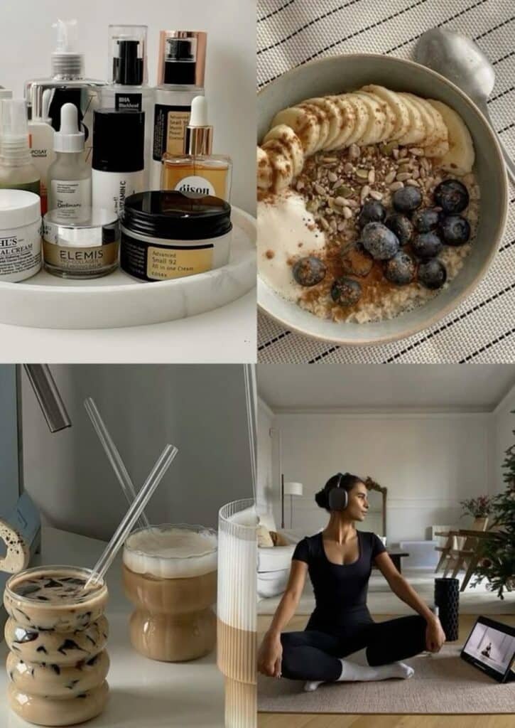 Skincare, healthy breakfast, coffee, and yoga at home. Self-care essentials for a balanced lifestyle.
