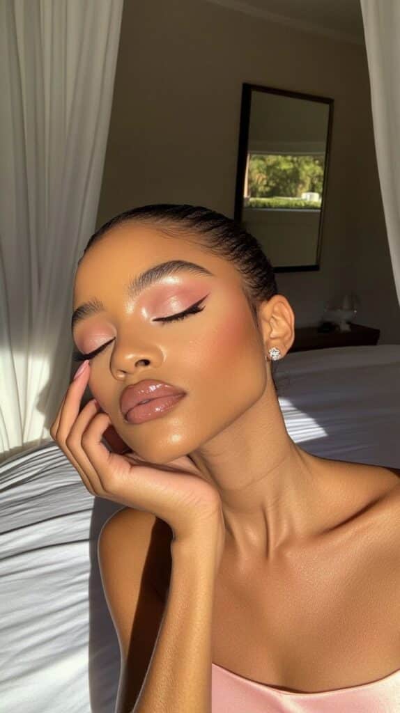 Woman in natural light with elegant makeup and pink lipstick, eyes closed, resting her head on her hand. Sophisticated and serene.