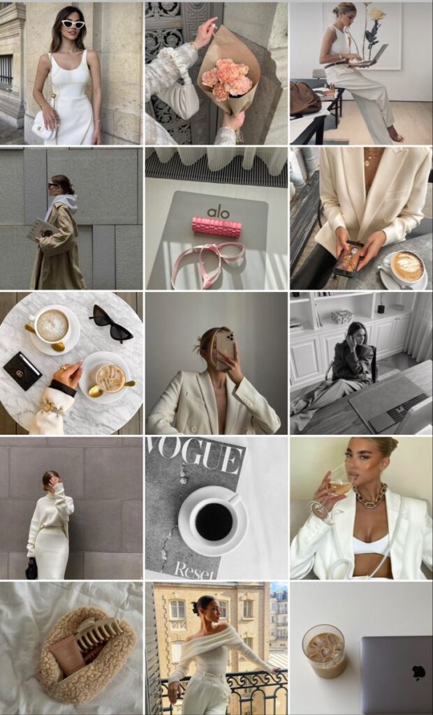 Collage of elegant fashion, coffee, and lifestyle scenes, featuring chic outfits, luxe accessories, and curated aesthetics.
