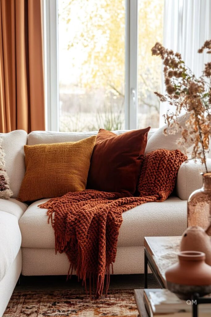 Cozy living room with orange pillows and blanket on a white sofa, near window. Fall decor with dried flowers and warm colors.