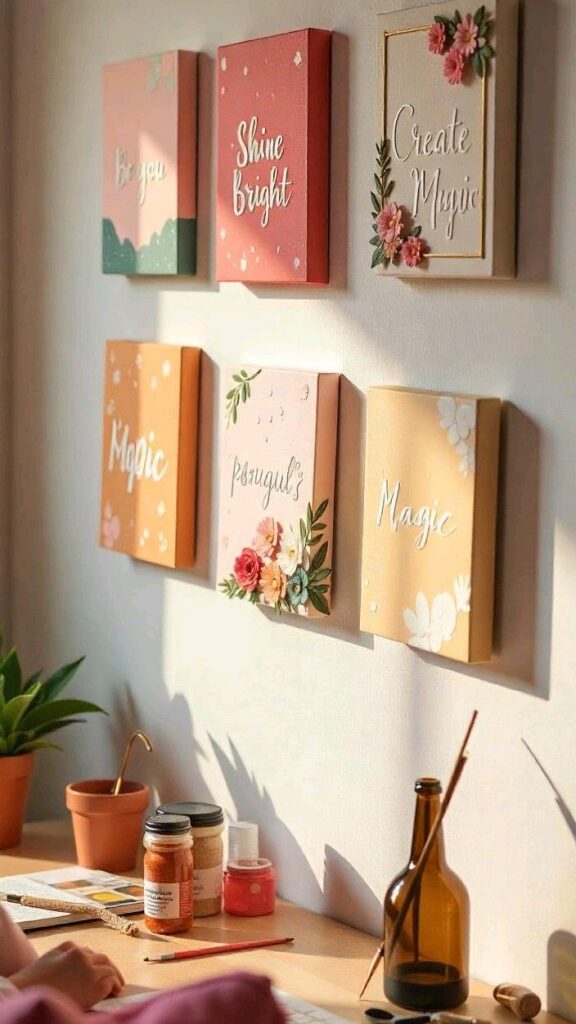 Wall decor with motivational quotes, colorful art, and flowers, casting shadows in a sunlit workspace with desk and supplies.