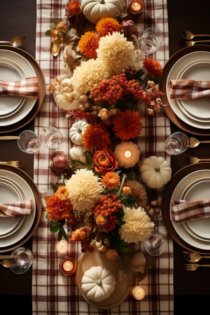 Elegant autumn tablescape with orange and white flowers, pumpkins, and candles on a plaid runner, perfect for Thanksgiving.