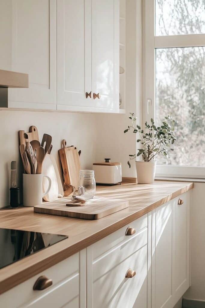 10 Cozy Scandinavian Design Ideas - Handy Home Bright minimalist kitchen with white cabinets, wooden countertops, and a potted plant by the window for a natural touch.