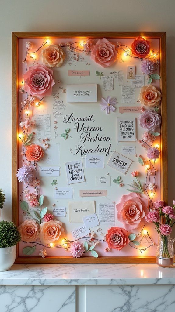 Decorative bulletin board with floral accents and lights, featuring beautiful handwritten notes and designs in a wooden frame.