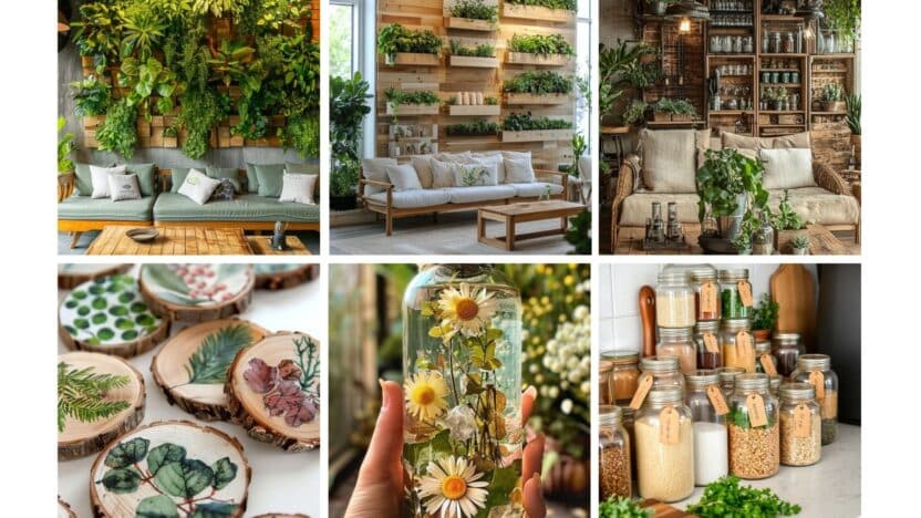 Cozy living spaces with lush greenery, natural decor, preserved flowers, and organized jars for a tranquil, eco-friendly home.