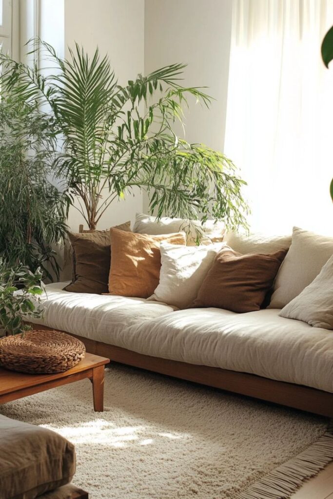 Cozy living room with beige sofa, brown cushions, lush green plants, and soft natural light for a relaxing atmosphere.