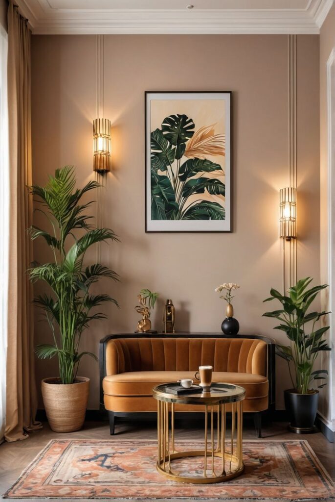 Stylish living room with a brown sofa, lush plants, tropical art, and a round gold table, creating a cozy, elegant atmosphere.