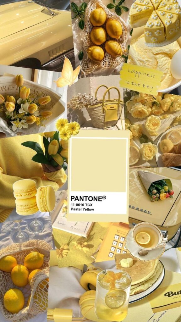 11d59a7b-2007-4e61-8a2e-90f1fc55f20b - Handy Home Collage of yellow-themed items: car, lemons, flowers, bag, cake, Pantone 11-0616 TCX Pastel Yellow, and inspirational quote.