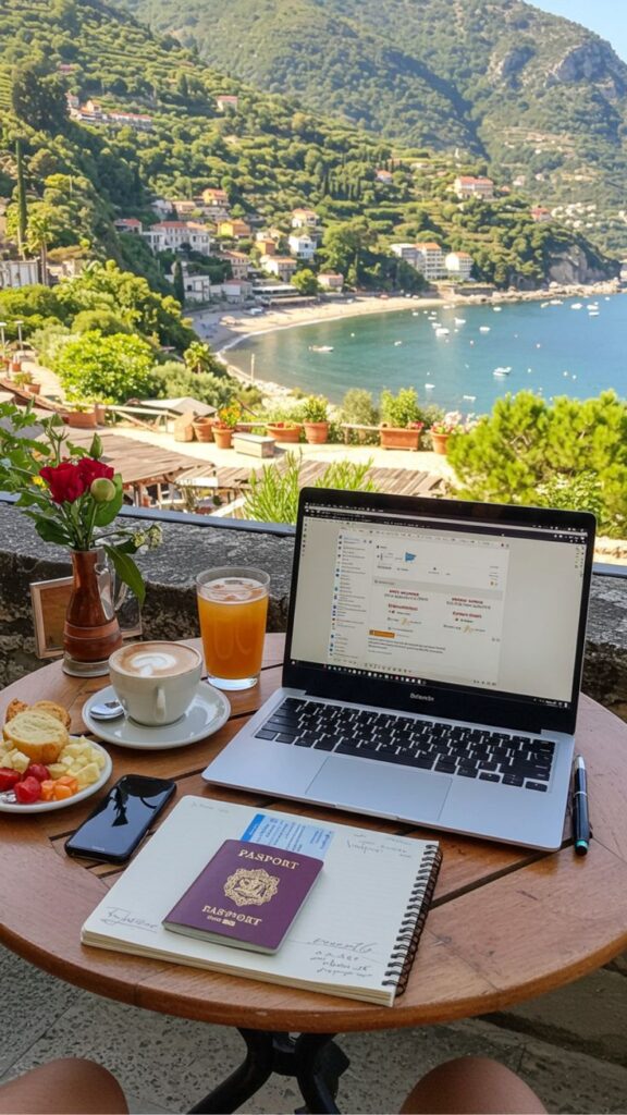 Laptop on table with coffee, juice, passport, and notebook, overlooking a scenic coastal view. Ideal remote work setup.