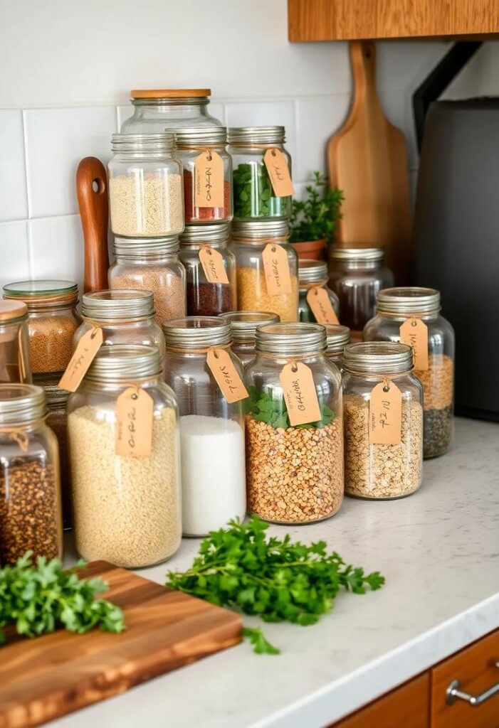 Organized kitchen pantry with labeled glass jars of grains and spices on countertop, fresh herbs on wooden cutting board.