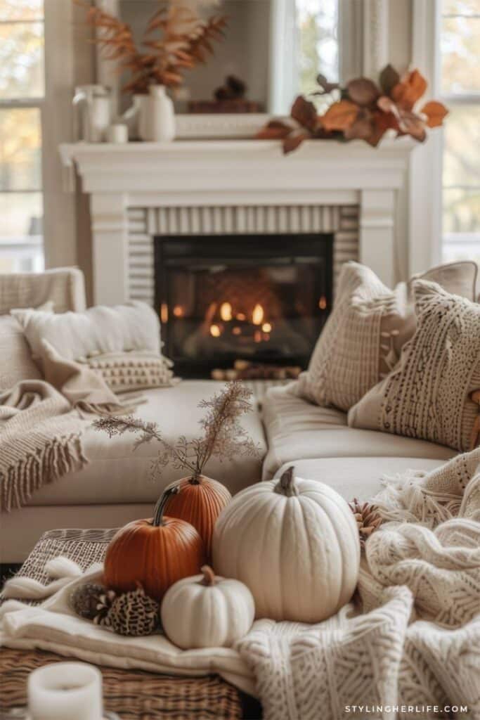Cozy autumn living room with pumpkins, woven blankets, and a lit fireplace, creating a warm, seasonal ambiance.