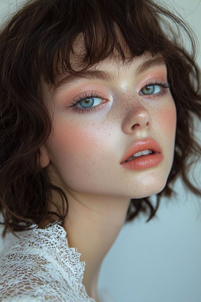 Close-up portrait of a person with freckles, blue eyes, and brown curly hair, wearing a lacy white top.