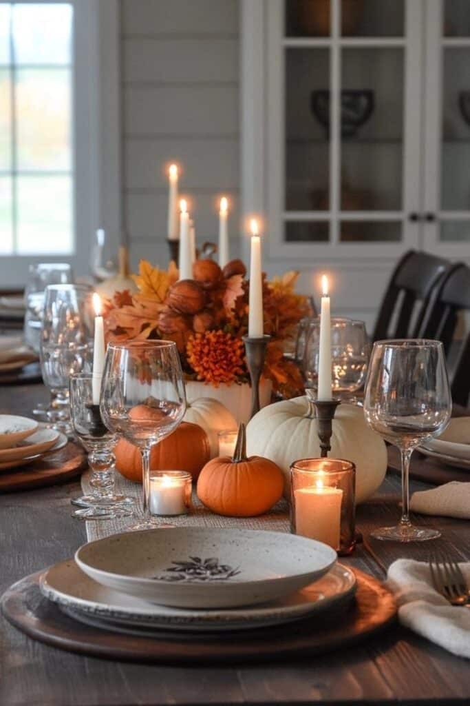 Elegant autumn dining table with pumpkins, candles, and fall decor, perfect for a cozy Thanksgiving dinner setting.