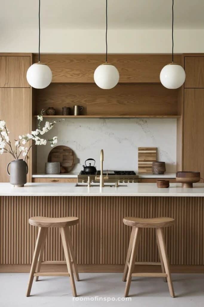 15+ Stylish Ideas for a Cozy Scandinavian-Inspired Kitchen - Handy Home Modern kitchen with wooden cabinetry, island, and pendant lights. Features minimalist decor and marble backsplash for a sleek look.