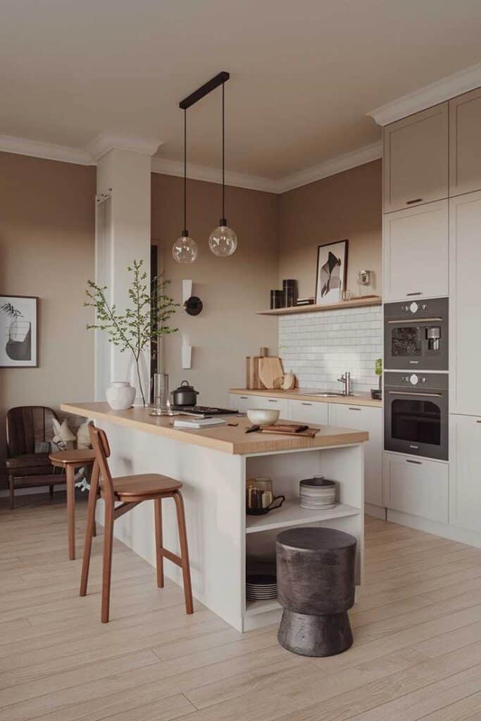 19 Modern Scandinavian Kitchen Design Ideas - Handy Home Modern kitchen with minimalist design, wooden island, pendant lights, and neutral tones. Elegant and functional interior.