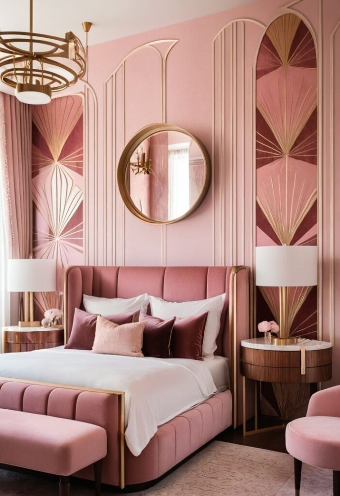 Elegant pink art deco bedroom with stylish bed, round mirror, and chic gold accents for a luxurious aesthetic.
