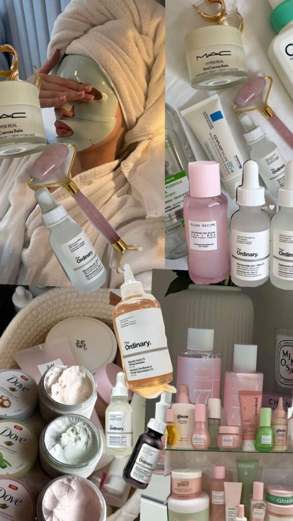 Skincare essentials: face masks, creams, serums, and beauty products for a rejuvenating self-care routine.