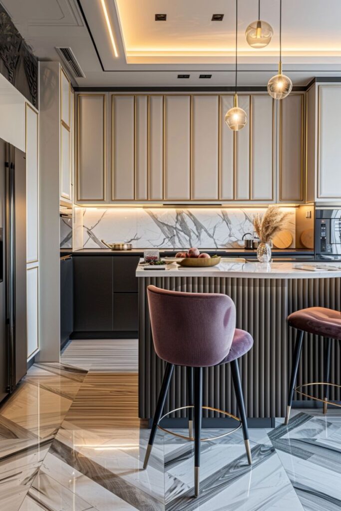 Modern kitchen with sleek countertops, pendant lights, marble backsplash, and elegant bar chairs. Luxurious, contemporary interior design.